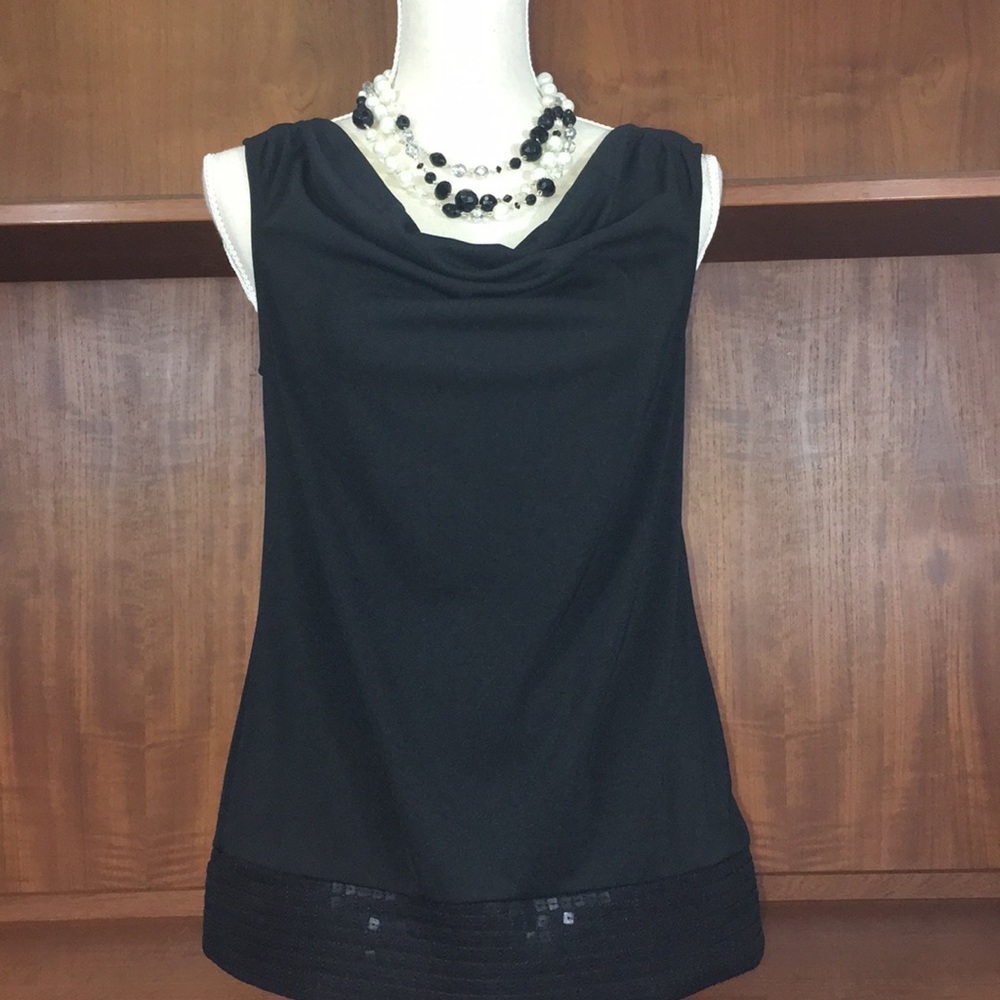 Sequined Calvin Klein black draped neckline top